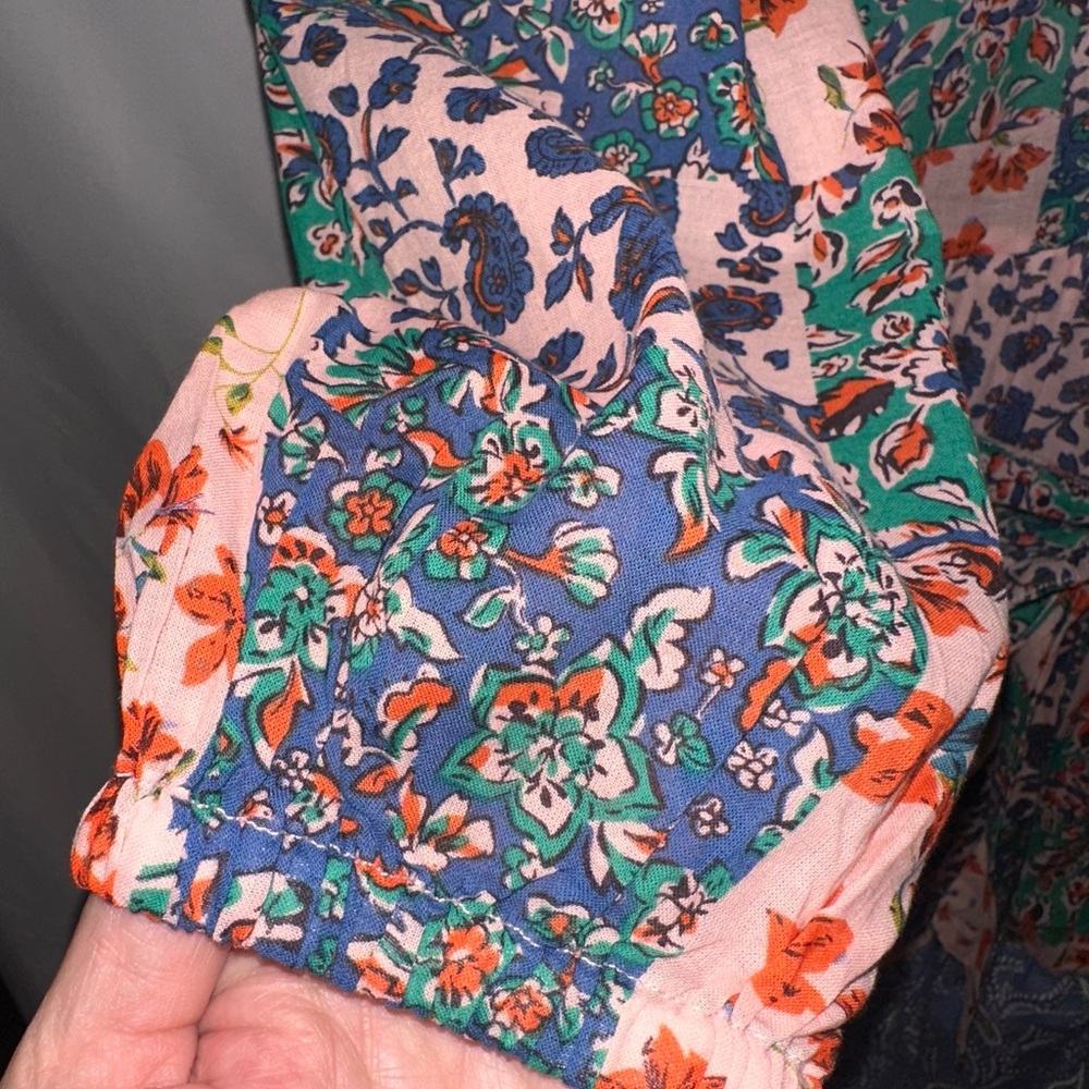 Umgee Mixed Floral Patchwork Tie-Waist Dress in Pink, Green & Blue - Picture 5 of 7